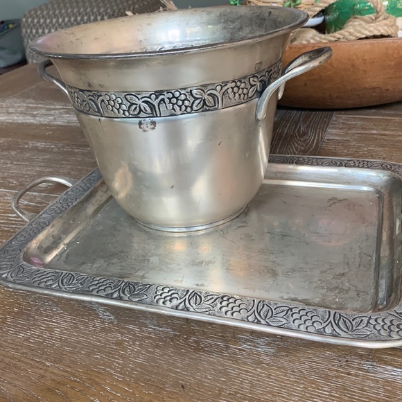 Pottery Barn silver 2 pc LOT SET grape/leaf serving tray and ice bucket GUC - Picture 1 of 15